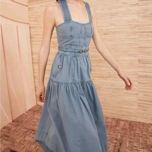Ulla‎ Johnson Enzo Denim Dress Blue Cotton Tiered Midi Sweetheart Neck Size 4